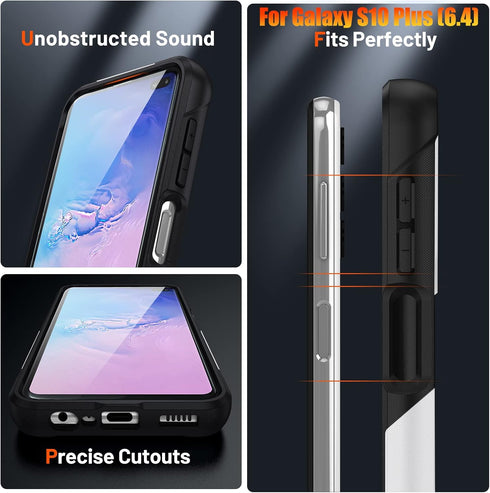 Heavy Duty Case for Samsung Galaxy S10 Plus/S10+ 6.4 Inch, Non-Slip Grip Bumper with 12ft Drop Protection - Black/White