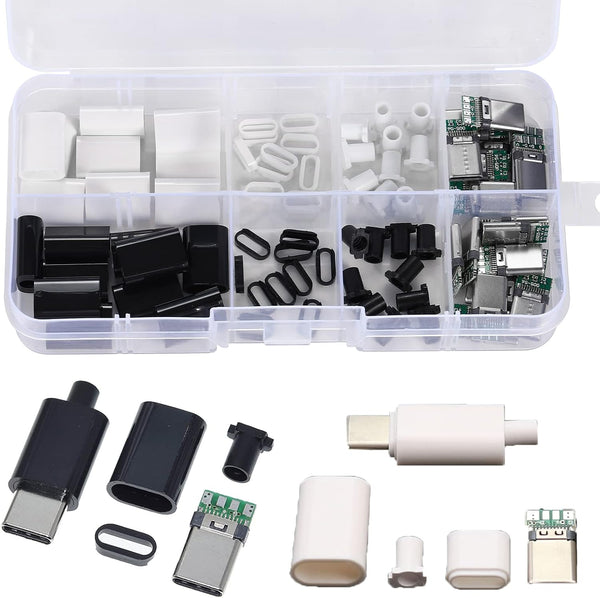 20Set USB 3.1 Type C Male Connector 24 Pin, 10Set Black + 10Set White, Welding Data Line Interface