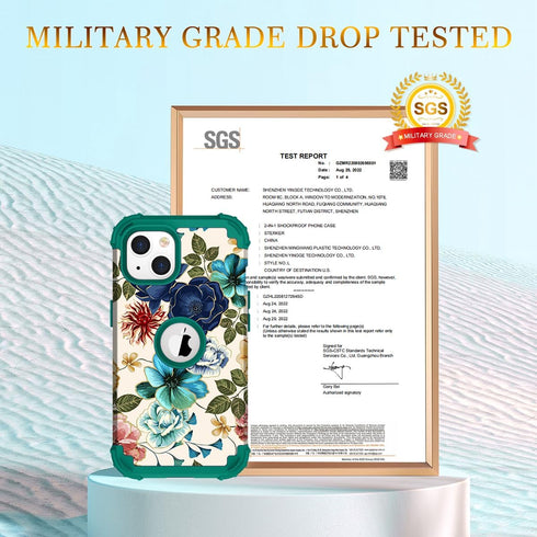 Hocase for iPhone 14 Case/iPhone 13 Case, Heavy Duty Shockproof Protection Soft Silicone Rubber+Hard Plastic Bumpers Hybrid Protective Case for iPhone 13/14 (6.1") - Teal Flowers