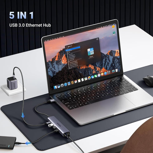 UGREEN USB to Ethernet Adapter, 5 in 1 USB Hub with Ethernet, Plug and Play, Multiport Network Adapter with 3 USB 3.0 Port, Gigabit RJ45, USB-C Power Port Compatible for Laptop MacBook XPS Windows 11