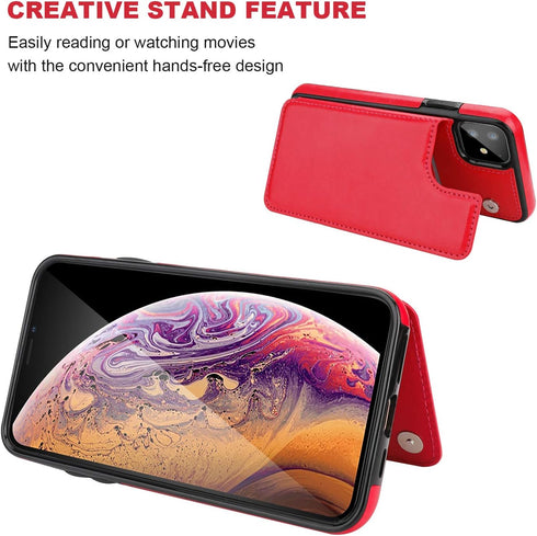 OT ONETOP iPhone 11 Wallet Case, Red PU Leather Kickstand with Card Holder, Shockproof Cover, 6.1 Inch