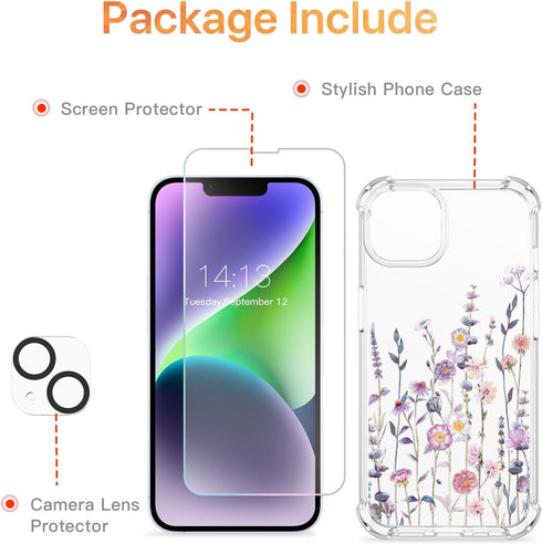 GVIEWIN iPhone 14 Case, Floral Design with Screen Protector + Camera Lens Protector, Non Yellowing Soft Shockproof
