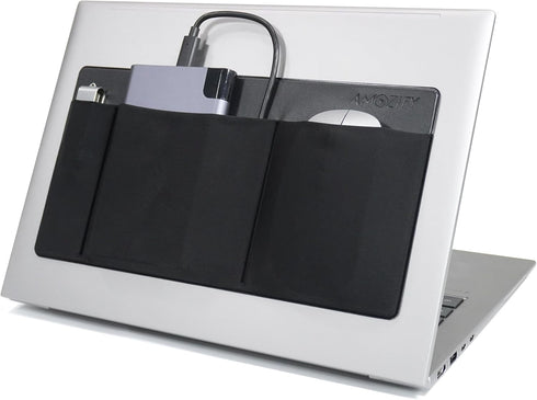 AMOZIFY 3-Pocket Organizer, Mouse Holder for Laptop Stick On, Adhesive Pouch & External Hard Drive Sleeve, SSD Storage