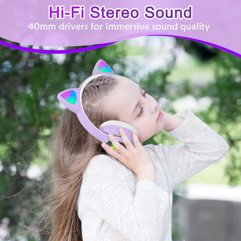 Wireless Over-Ear Headphones with Microphone, Bluetooth Cat Ear Headphones for Kids Teens Adults Girls Women (Purple)