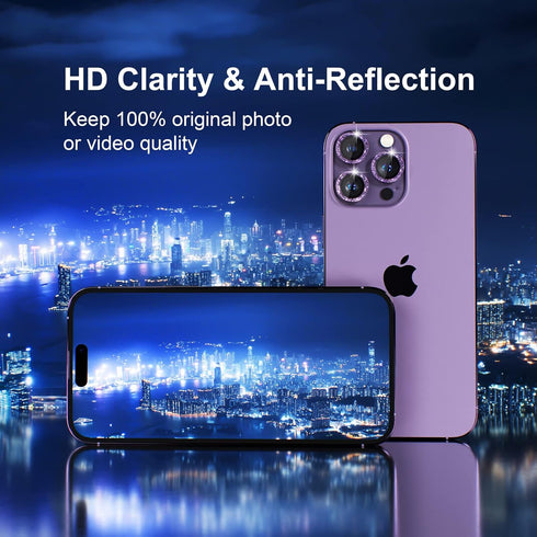 Bling Camera Lens Protector for iPhone 14 Pro/Pro Max - 9H Tempered Glass, Metal Ring, Purple Glitter, 3+1 Accessories.