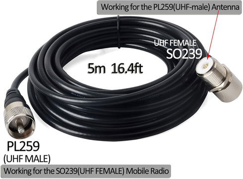 HYS L Shape Mount Mobile Antenna Bracket, SO239 to PL-259 with 16.4ft Low Loss RG-58 Coaxial Cable