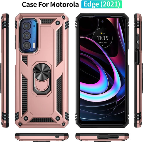 Moto Edge 2021 Case with Screen Protector, Military Grade 16ft Drop Tested Cover with Magnetic Kickstand, Rose Gold