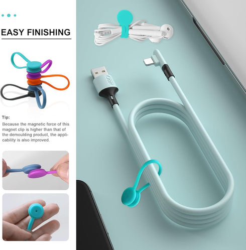 Upgraded Magnetic Cable Holder, 10Pcs Multicolor Silicone Cord Ties, Twist Ties, Cable Management Clips