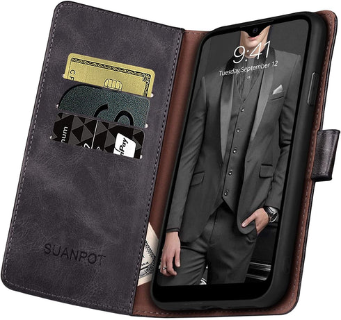 SUANPOT Samsung Galaxy A42 5G Wallet Case, RFID Blocking Leather Flip Folio, Shockproof Cover for Men Women (Black)