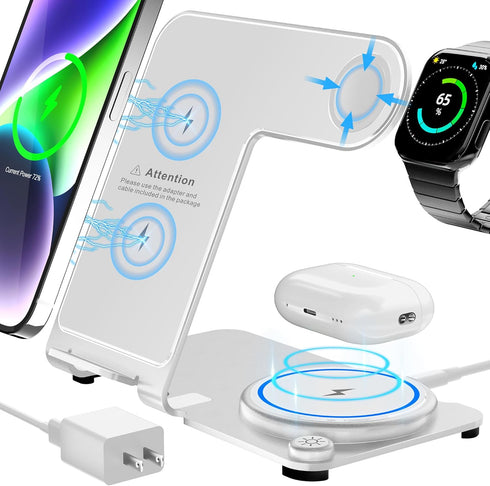 3 in 1 Wireless Charger, Aluminum Alloy Fast Charging Stand for iPhone 15/14/13/12/11, iWatch, AirPods Pro, Silver