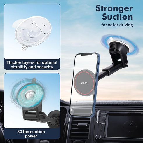 BELCO Magnetic Phone Holder for Car Suction Cup Phone Mount with Adjustable Rotating Arm and Lock Mechanism
