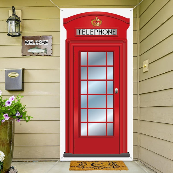 English Phone Booth Door Cover, Large Fabric Red Telephone Box Decor Banner for Photo Backdrop, 78.7 x 35.4 Inch