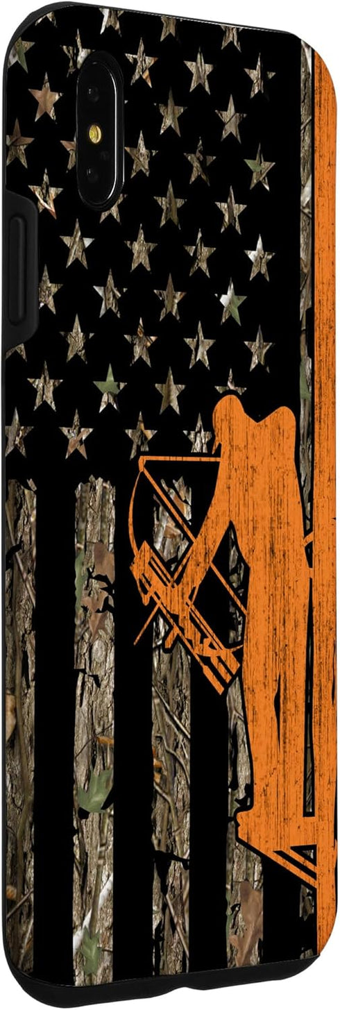 iPhone XS Max Camouflage Case, Bow Hunting Tree Stand Deer Hunter American Flag