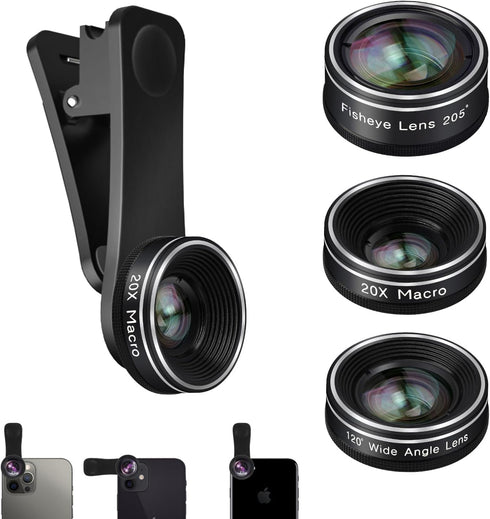 Phone Camera Lens, 198 Fisheye Lens + 120 Super Wide-Angle Lens + 20x Macro Lenses Camera Photography Accessories Kit