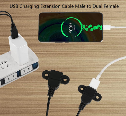 Guo USB Charging Extension Cable Male to Dual Female, USB 2.0 Charging Port 1 to 2 Panel Mount for Mobile Phones