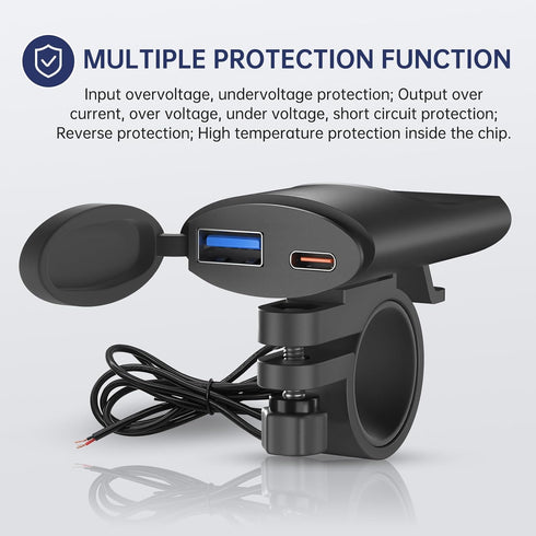 Motorcycle USB Charger, 12-Volt USB-A and USB-C Dual Charging Port for Handlebar, Waterproof 12V Power Accessories