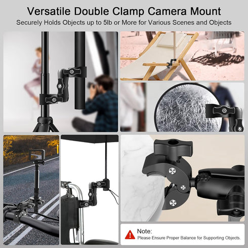 Double Clamp Camera Mount, Universal Bracket for Golf Carts, Umbrella, Strollers, Photo Studio