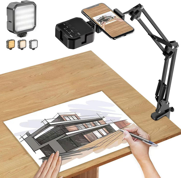 Overhead Phone Mount, Articulating Arm Cell Phone Holder with LED Light, Flexible Phone Stand for Live Streaming, Video