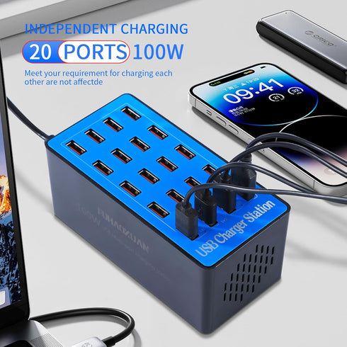 FUHAOXUAN Station,100W 20-Port USB Charging Multi Device Charger with Intelligent Safety Features,Charging Station