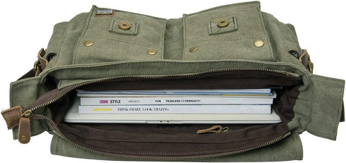 peacechaos Men's Canvas Camera Bag - Leather DSLR SLR Case, Vintage Messenger Sling Bag, Army Green