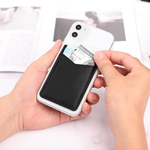 2Pack Leather Phone Wallet, Adhesive Stick On Credit Card Holder for Back of iPhone and Android Phone Case-Black