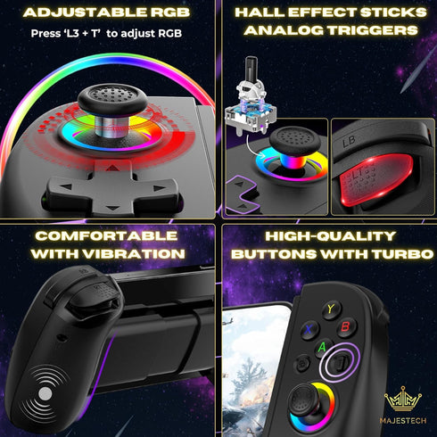 MAJESTECH D8 Mobile Gaming Controller for iPhone/Android/iPad/Tablet, Xbox Cloud, Playstation, Steam/PC, RGB Joystick