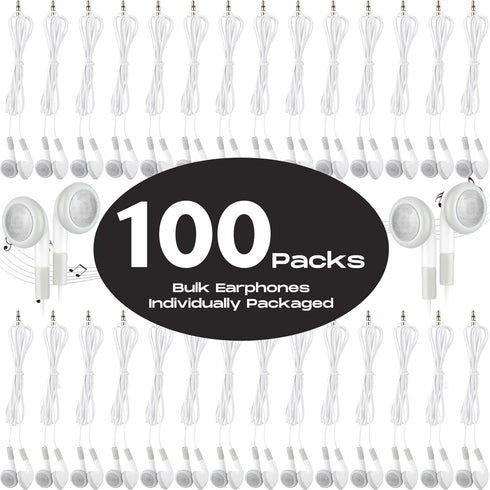 Kanayu 100 Pack Bulk Earbuds, Kids Classroom Ear Buds, School Earphones, Individually Bagged, White