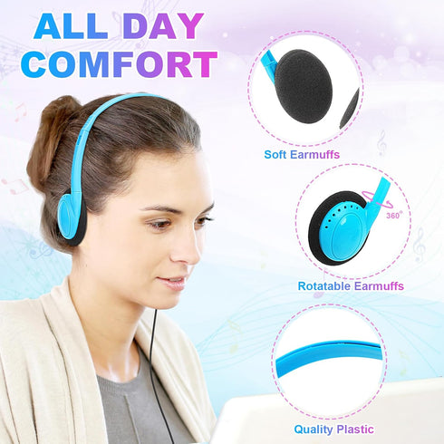 Kids Headphones Bulk 10 Pack for School - Adjustable On Ear Earphones Class Set for Library, Airplane, Computer