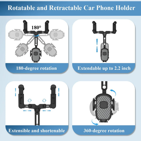 Car Phone Holder for Rearview Mirror, 360 Rotatable and Retractable, Fits 4.0-7.0 Inch Smartphones, Mirror-Black