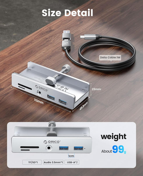 ORICO USB Hub 3.0, Clamp USB C Adapter with Extra Power Port, 2 USB-A Data Ports, SD/TF Card Reader