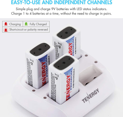 TN136 4 9V 4 9V Tenergy Bay Smart Charger with Pieces Tenergy Premium NiMH Rechargeable Batteries