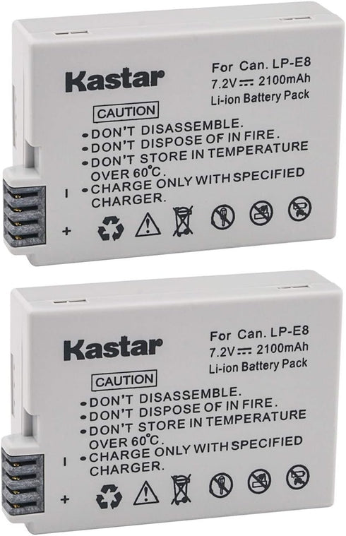 Kastar 2 Pack Replacement Batteries for Canon LP-E8 LPE8, Canon Rebel T5i T4i T3i T2i, 550D, 600D, 650D, 700D