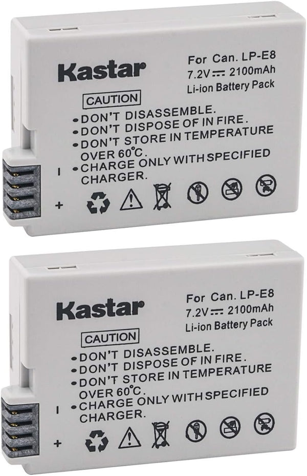 Kastar 2 Pack Replacement Batteries for Canon LP-E8 LPE8, Canon Rebel T5i T4i T3i T2i, 550D, 600D, 650D, 700D