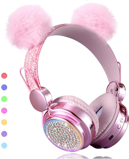 Wireless LED Light up Color Changing Girls Bluetooth Headsets - 10 Hours 5.0 Bluetooth Headphones for School, Pink