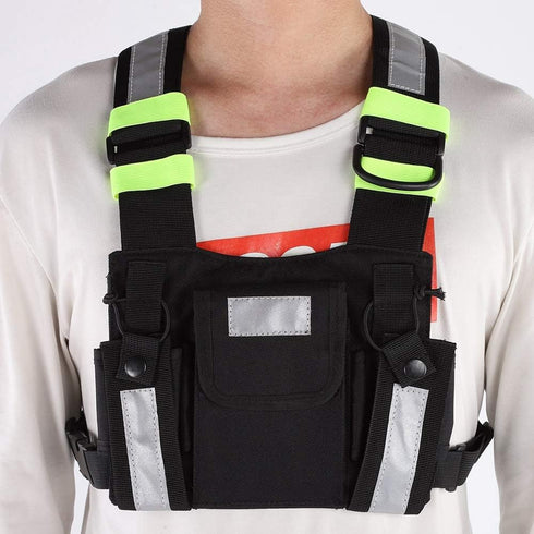 Radio Chest Harness Rig Holster Pack, Front Pouches Zipper Bag with Green Reflective Strips for Walkie Talkies