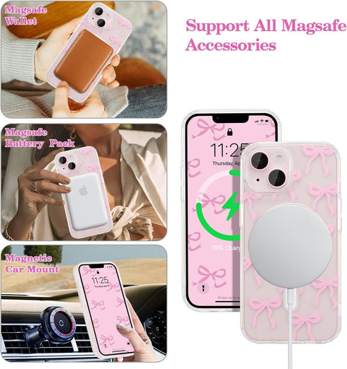 UEEBAI 15 Magnetic for iPhone Case, Bow Case Compatible with MagSafe, Wireless Slim Clear Ribbon Aesthetic Phone Cover