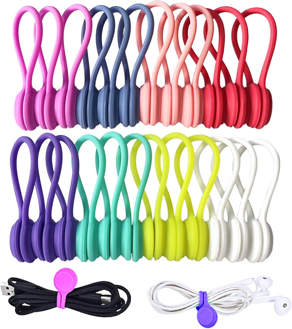 Reusable Magnetic Ties with Strong Magnet for Organizing Cables, Headphone Cables, USB Charging Cords, 24 Pack, 8 Colors