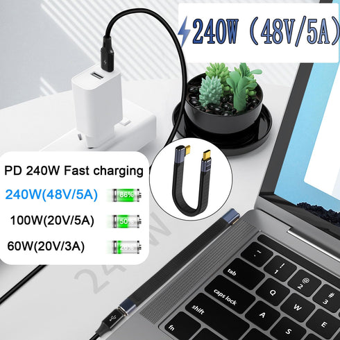 QIANRENON 240W USB4.0 C 90°Angle PD Fast Charging Short Cable, Type C 4.0 Male to Right Angle C Male Flat Flexible Data