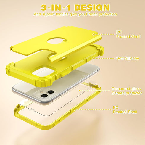 IDweel iPhone 11 Case - Yellow, 3-in-1 Hybrid, Shockproof, Slim Fit, Heavy Duty, with Tempered Glass Screen Protector.