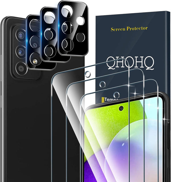 QHOHQ 3 Pack Tempered Glass Screen Protector for Samsung Galaxy A52 4G/5G + Camera Lens Protectors, 9H Hardness,