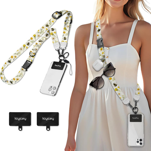 Icycay Phone Lanyard Crossbody, Floral Bee Cell Phone Strap for Around The