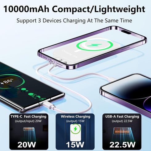 Wireless Magnetic Power Bank - 10000mAh Mag-Safe Battery Pack with Foldable Stand for iPhone 16/15/14/13