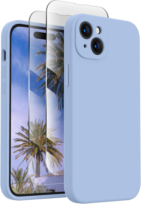 FireNova iPhone 15 Case - Light Blue Silicone, 6.1", with Camera Protection & 2 Screen Protectors, Soft Microfiber