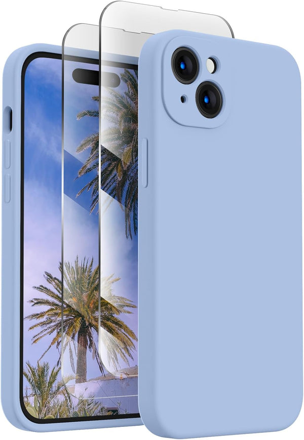FireNova iPhone 15 Case - Light Blue Silicone, 6.1", with Camera Protection & 2 Screen Protectors, Soft Microfiber