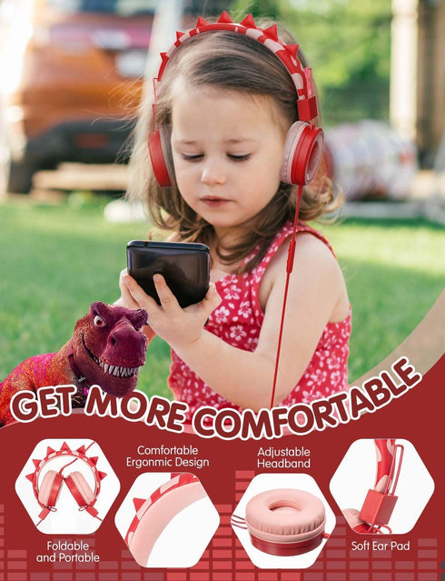 SIMJAR Kids Headphones - Dinosaur Design, Over-Ear, Foldable, Wired, Volume Limiter 85/94dB, Microphone, Red. Perfect