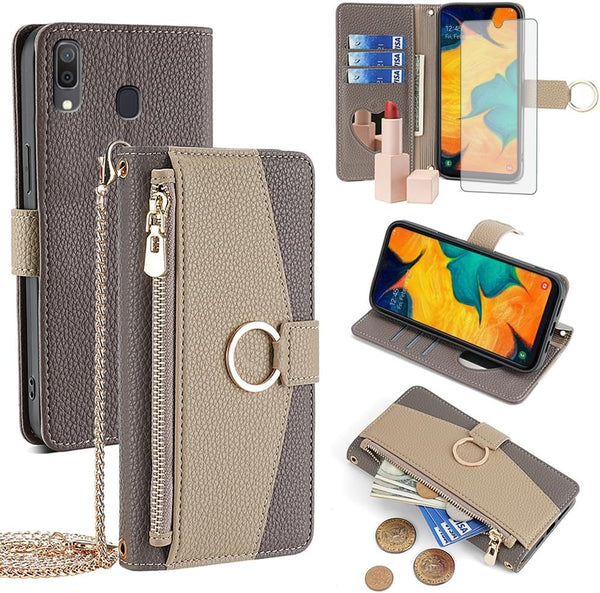 Asuwish Wallet Phone Case for Samsung Galaxy A20 A30 - Gray PU Leather, Screen Protector, Mirror, Ring Holder,