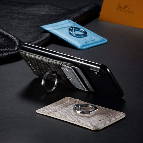 Phone Card Holder with Ring Grip for Back of Phone, Adhesive Stick-on Credit Card Wallet Pocket for Smartphones (Gun