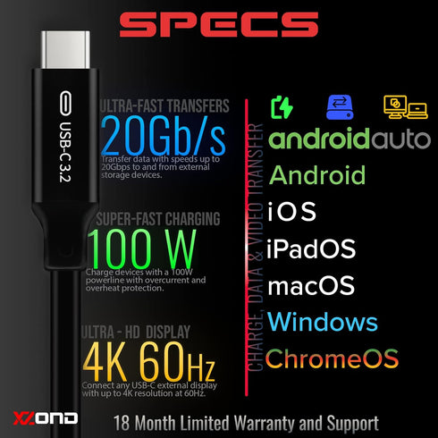 USB C to C 3.2 Gen 2x2 Cable - 20Gbps Data Transfer - 4K 60Hz HDR Monitor Video - 100W PD Charging - Thunderbolt Compatible - 3.3ft (Black)