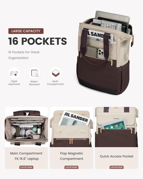 LOVEVOOK Laptop Backpack for Women, 15.6 Inch Work Bag with USB Port, 2PCS, Apricot-Coffee