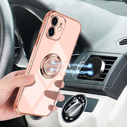 Omorro Pink iPhone 11 Case for Women, Ring Holder with Built-in 360 TPU Rotation Kickstand, Glitter Plating Rose Gold